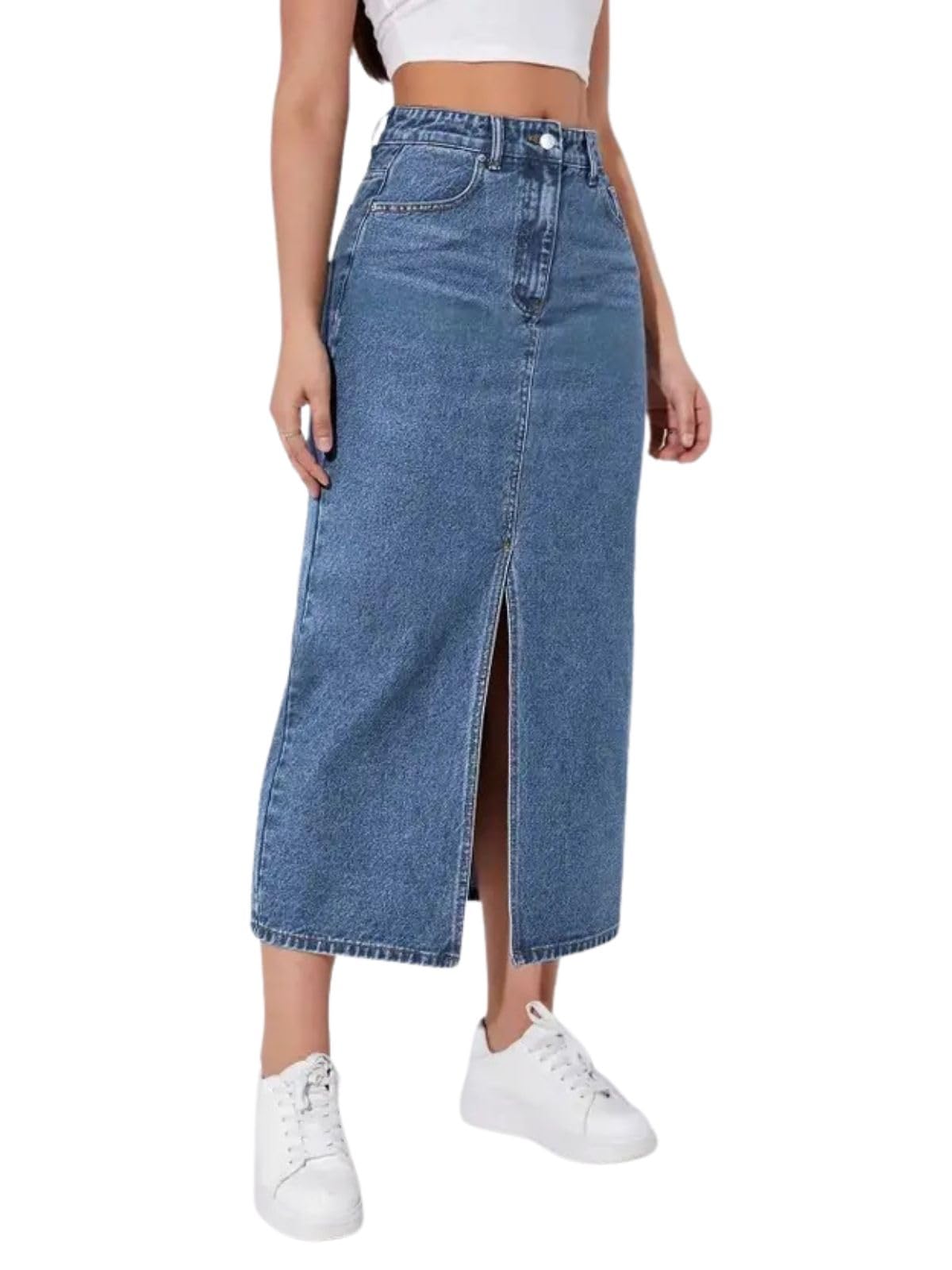 greciilooks Women's High Waist Denim Skirt with Front Slit – Long Maxi Jean Skirt Casual Fashion – Stylish Denim Skirts for Women-picture-41