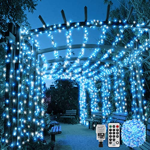 CORST 100m 600LED Luces hadas largas para exteriores Enchufe en las luces hadas del jardín Luces árboles exteriores a prueba agua con temporizador(azul + blanco) Cover