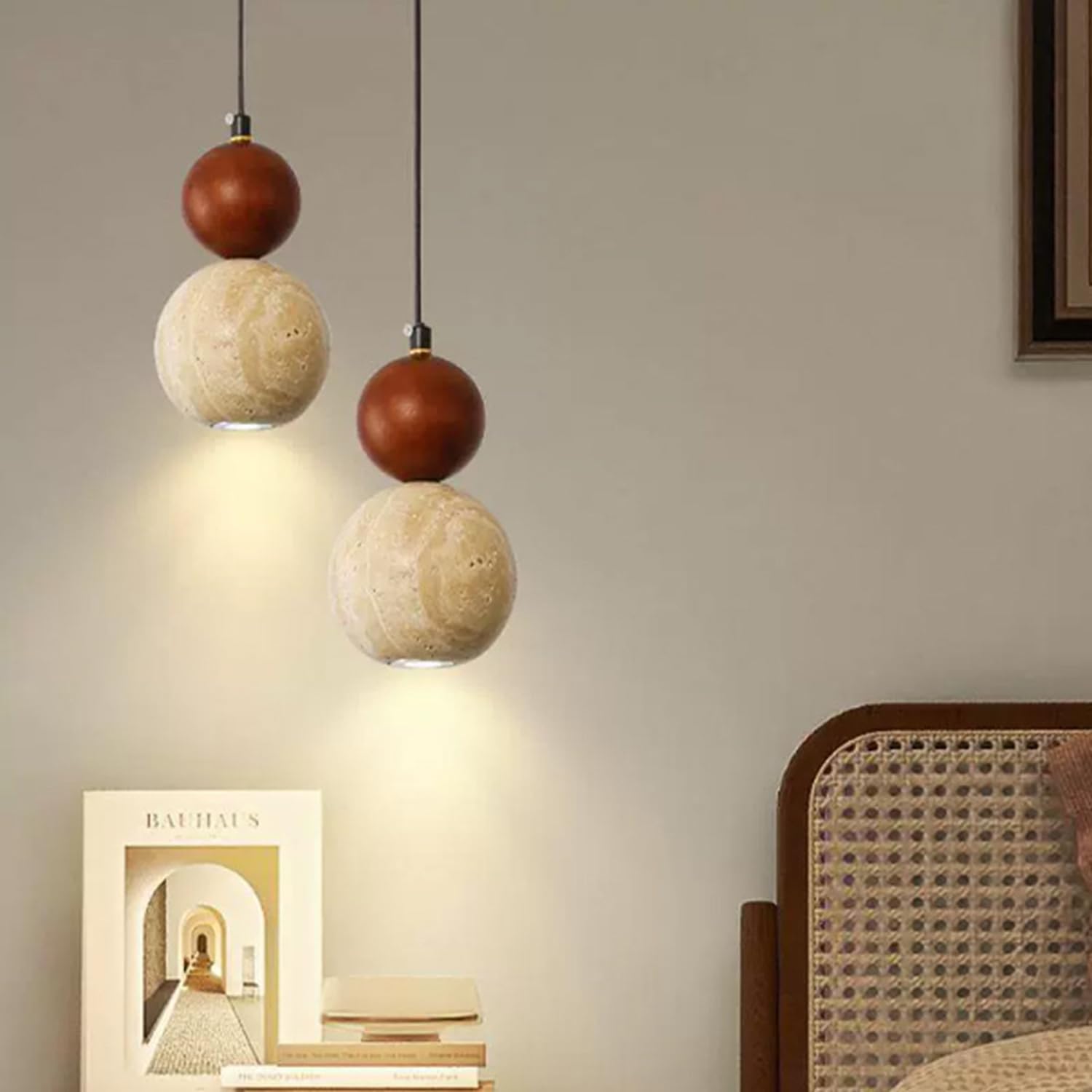 Lampada a sospensione vintage in travertino di forma sferica 3,9 in
