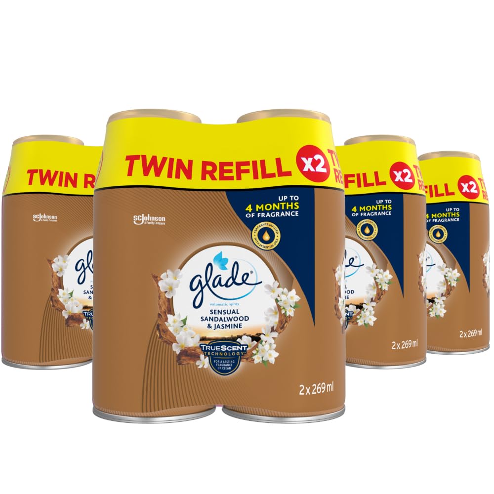 Automatic Air Freshener Refills, Room Spray & Odour Eliminator, Sandalwood & Jasmine, Pack of 4 Duos (8 Refills x 269ml)