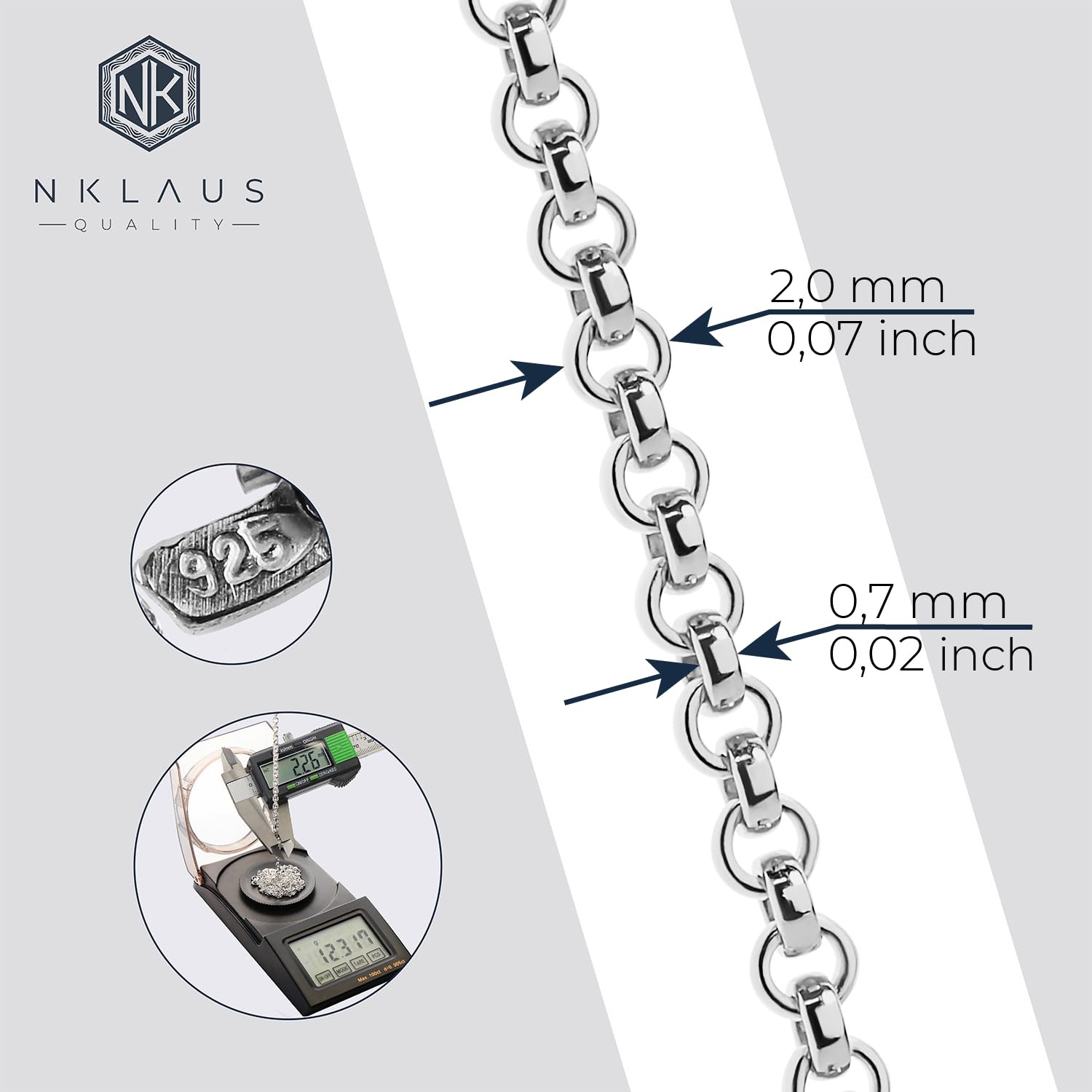 NKlaus Srebrny łańcuszek o splocie ankierowym, srebro wysokiej próby 925, okrągły, masywny, 2,00 mm,