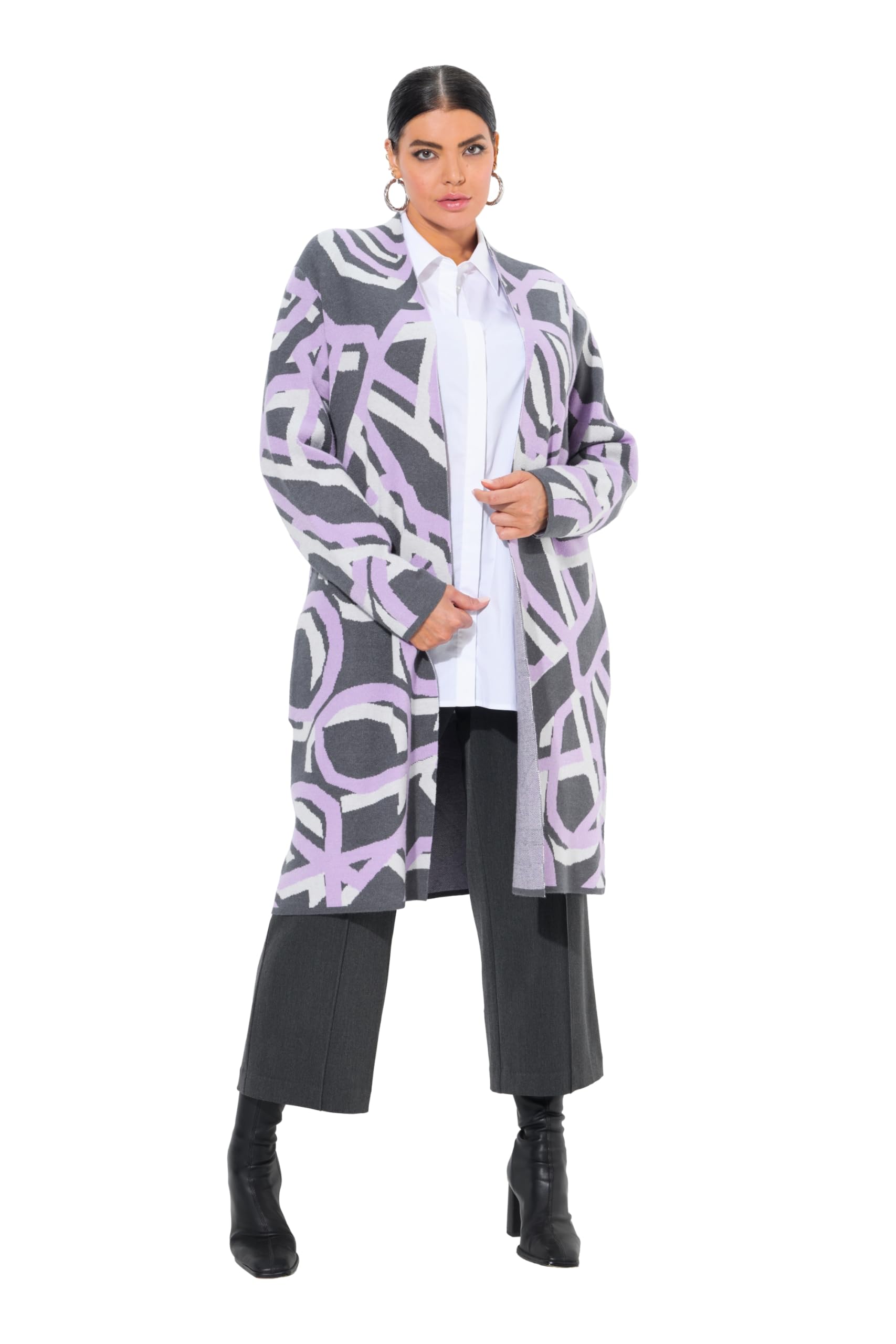 Ulla Popken Damen große Größen Übergrößen Plus Size Long-Strickjacke, grafisches Muster, offen, Stehkragen 835257