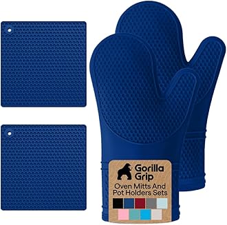 BPA-Free Soft Silicone Oven Mitts and Pot Holders Sets of 4, Heat Resistant Waterproof Cooking Gloves, Thick Cotton Lining, Flexible Gripping for Baking Grilling, Kitchen Trivets, Blue