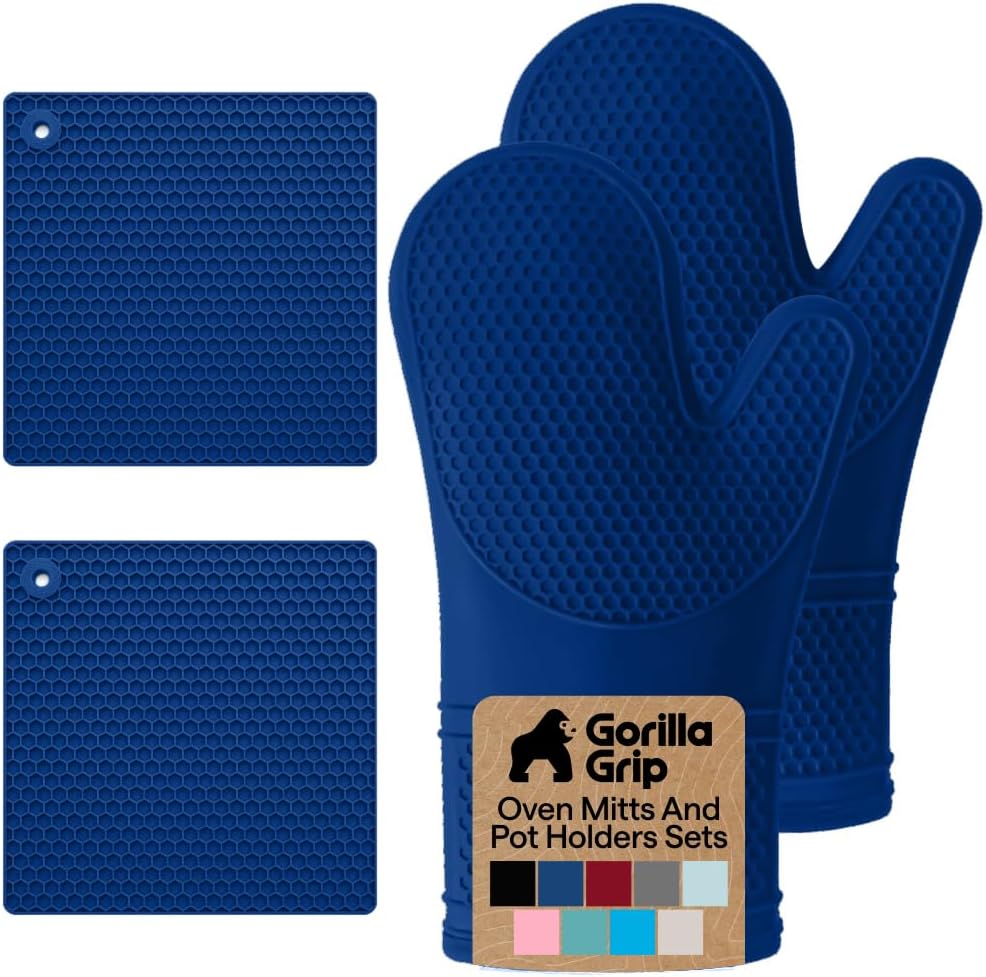 BPA-Free Soft Silicone Oven Mitts and Pot Holders Sets of 4, Heat Resistant Waterproof Cooking Gloves, Thick Cotton Lining, Flexible Gripping for Baking Grilling, Kitchen Trivets, Blue