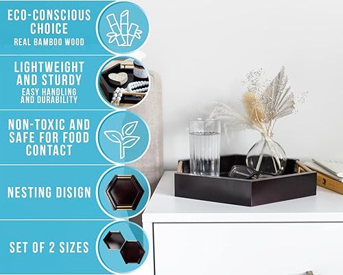 Miniatura 10 de Bandejas de servir de panal con asas doradas, juego de 2 bandejas hexagonales de bambú para anidar  Juego de bandejas grandes y pequeñas para