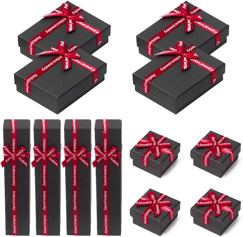 12pcs Gift Box with Lid Square Long Rectangular Paper Jewelry Gifts Boxes with Bow-knot for Jewelry Display-rings, Small Watches, Necklaces, Earrings, Bracelet Gift Packaging Box (black-1)