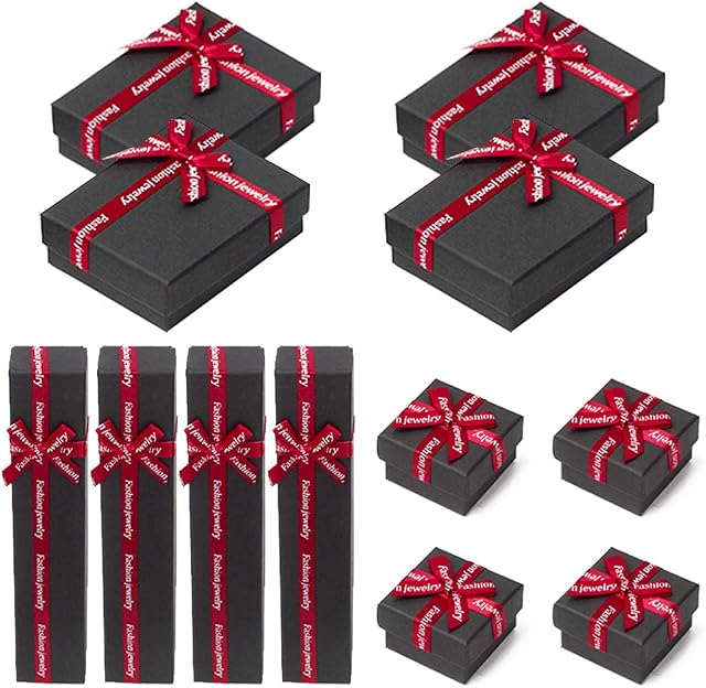 12pcs Gift Box with Lid Square Long Rectangular Paper Jewelry Gifts Boxes with Bow-knot for Jewelry Display-rings, Small Watches, Necklaces, Earrings, Bracelet Gift Packaging Box (black-1)