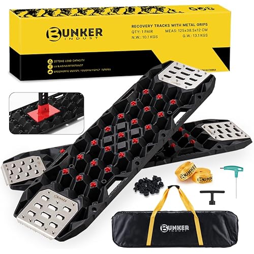 BUNKER INDUST Offroad Traction Board with Jack Base,Pair 47.24" L x 14" W Recovery Track Tire Traction Mat -Black Sand,Mud,Snow Ramps (Replaceable Dual Colors Teeth/Rugged Steel Plate) Gen 11th