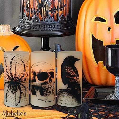 Image of Wondise Halloween Flickering Flameless Candles with 6hrs Timer, Battery Operated LED Real Wax Candles Set of 3 Skull, Spider Web, Crow Raven Decals Halloween Home Decoration Gifts(3 x 3 x 6 Inch)