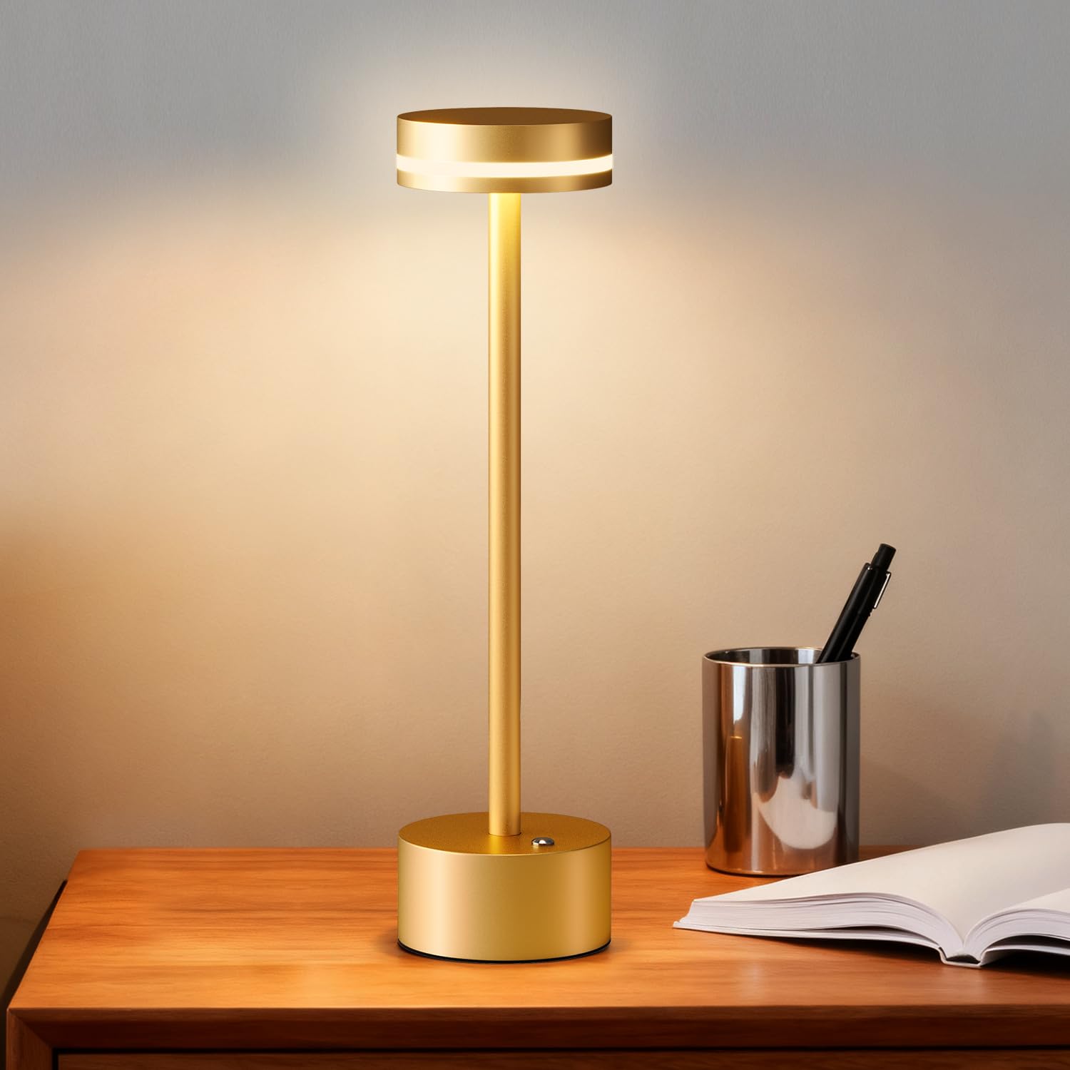 Modern LED Rechargeable Cordless Table Lamp with Touch Sensor, Aluminum Shell, 4000mAh Certified Battery, 3 Levels Brightness, USB-C Charging Port, 3000K Portable Metal Bedside Lamp (Gold)