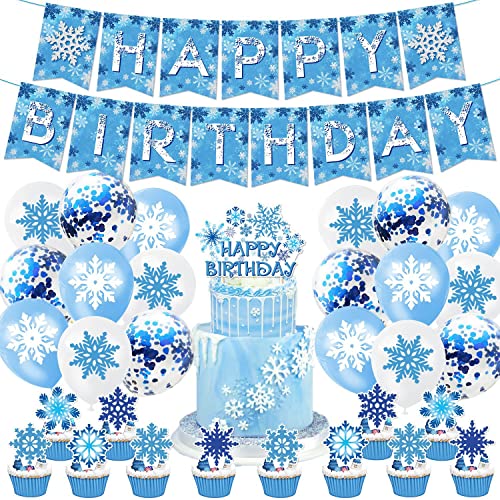 34 peças decorações de aniversário de Frozen, festas de aniversário de Frozen, festas de aniversário infantis, decorações de balões com flocos de neve, decorações de bolos com flocos de neve