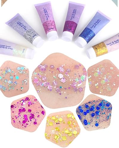 Miniatura 5 de Brillantina facial de 3 colores, traje de neón brillante para cabello, cara y cuerpo con purpurina en gel resaltador (01-azul y 04-rosa y 06-blanco