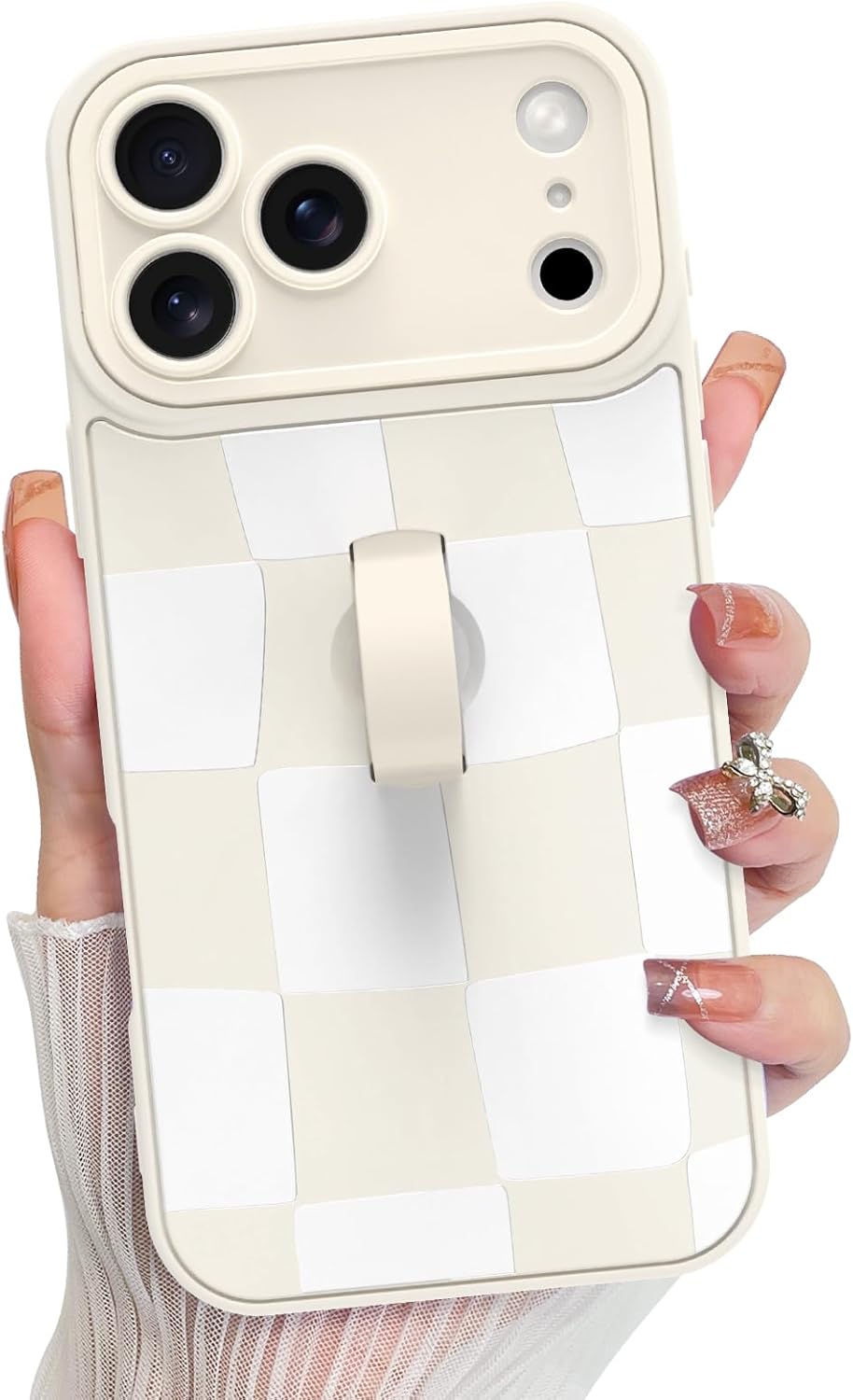 KANGHAR Compatible with iPhone 17 Pro Max Case 2025, Silicone Checkered Cute Pattern, Wristband Kickstand Camera Protection Soft Slim Cover for Girls Women -White