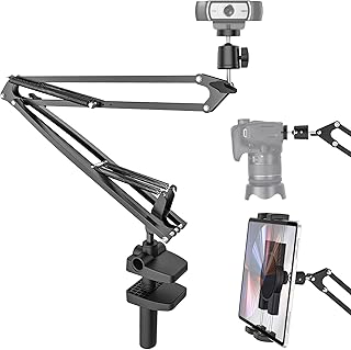 Webcam Stand Camera Desk Mount, Aozcu Overhead Tripod Mount for Phone & Tablet, 30 Inch Suspension Boom Scissor arm Clamp Mount Holder for Logitech Webcam DSLR iPhone iPad Live Stream Video Recording