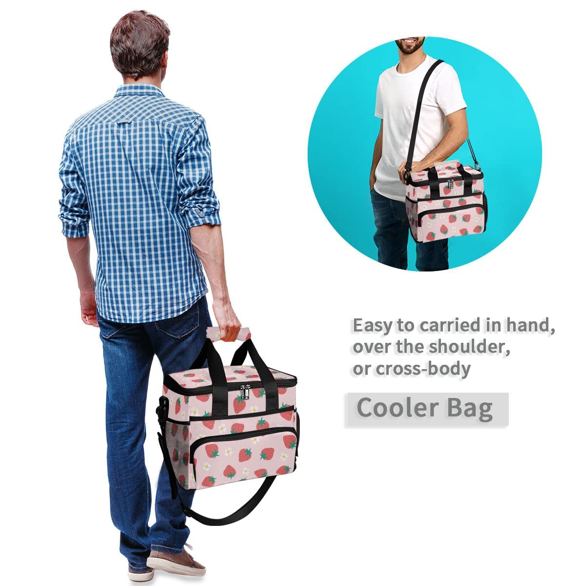 Bolsa de picnic de 15 litros, 24 latas, con aislamiento de fresas brillantes, para viajes, camping, barbacoa, actividades al aire libre, asas, correa para el hombro