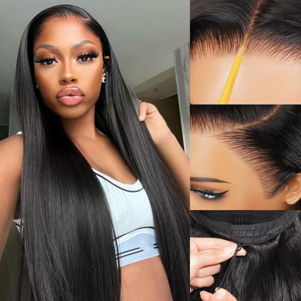 Upgraded Hidden Strap 13x6 Lace Frontal Wigs Human Hair Wear and Go Glueless Wig 18 Inch Straight HD Pre Cut Lace Front Wig 180% Density with Drawstring Secured Fit Bleached Knots Pre Plucked Hairline