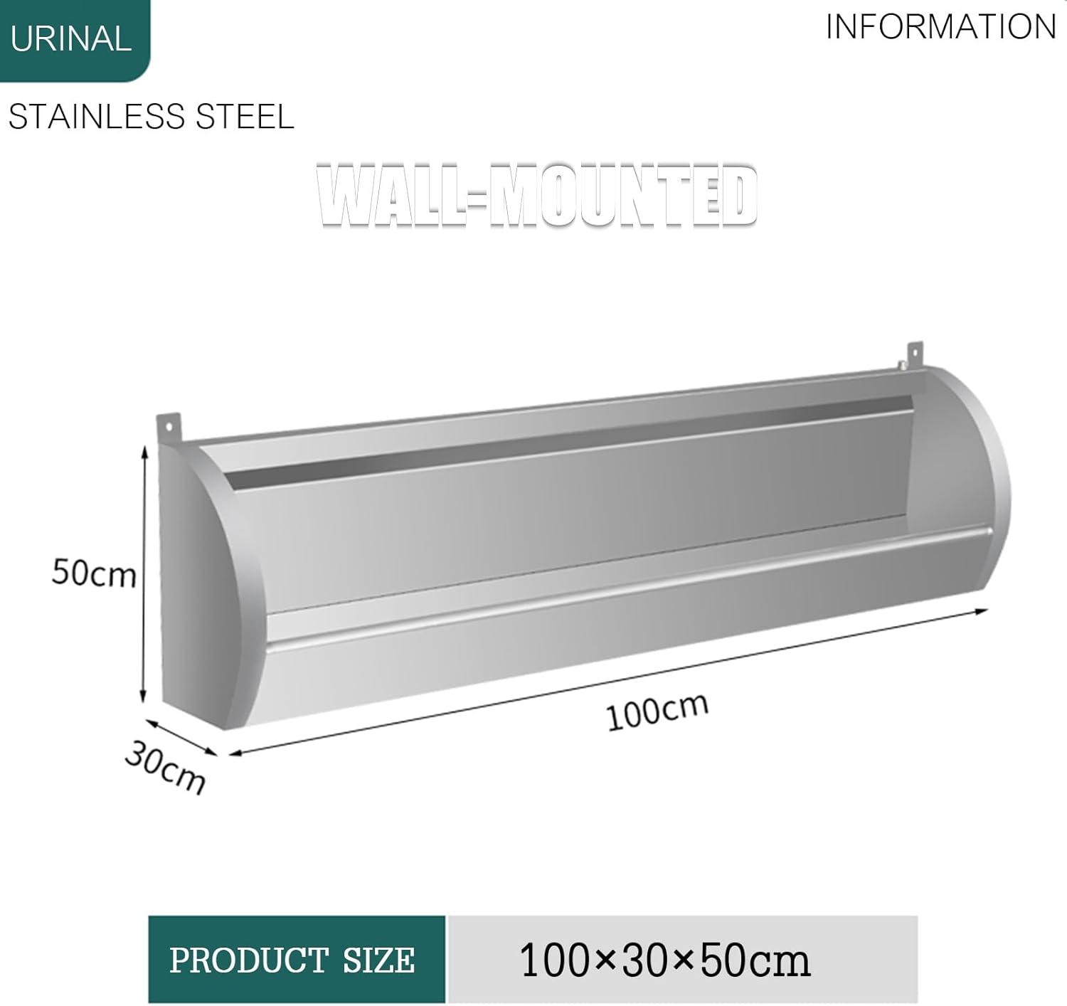 Commercial 304 Stainless Steel Urinal for Men, Wall-Mounted 150cm Anti-Splash and Anti-Odor Trough, Water-Saving Flush for Hospitals, Conference Halls, KTV, and Public Sanitary Areas(100cm)