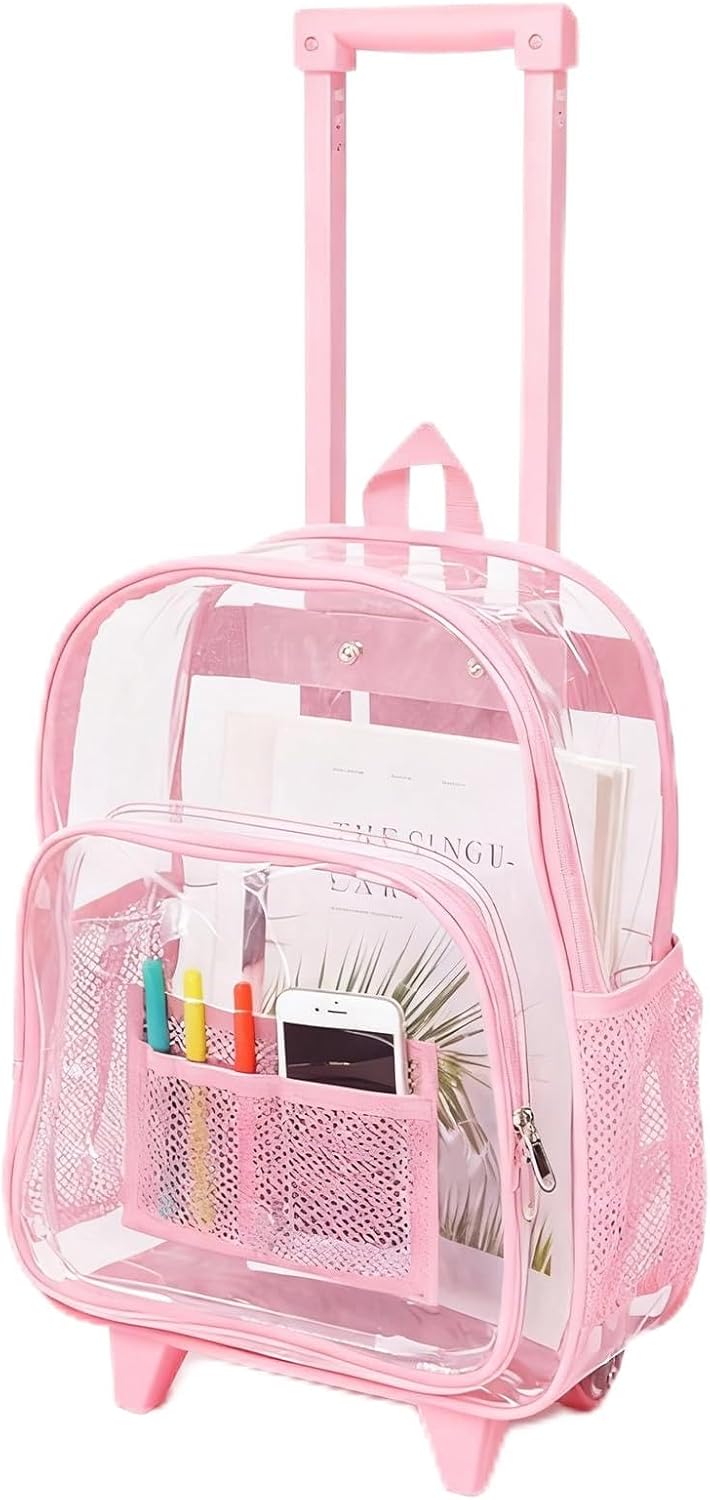 COVAX Rolling Clear Backpack, Heavy Duty See Through Bookbag, Transparent PVC Cold-resistant Backpack with Wheels (Pink)