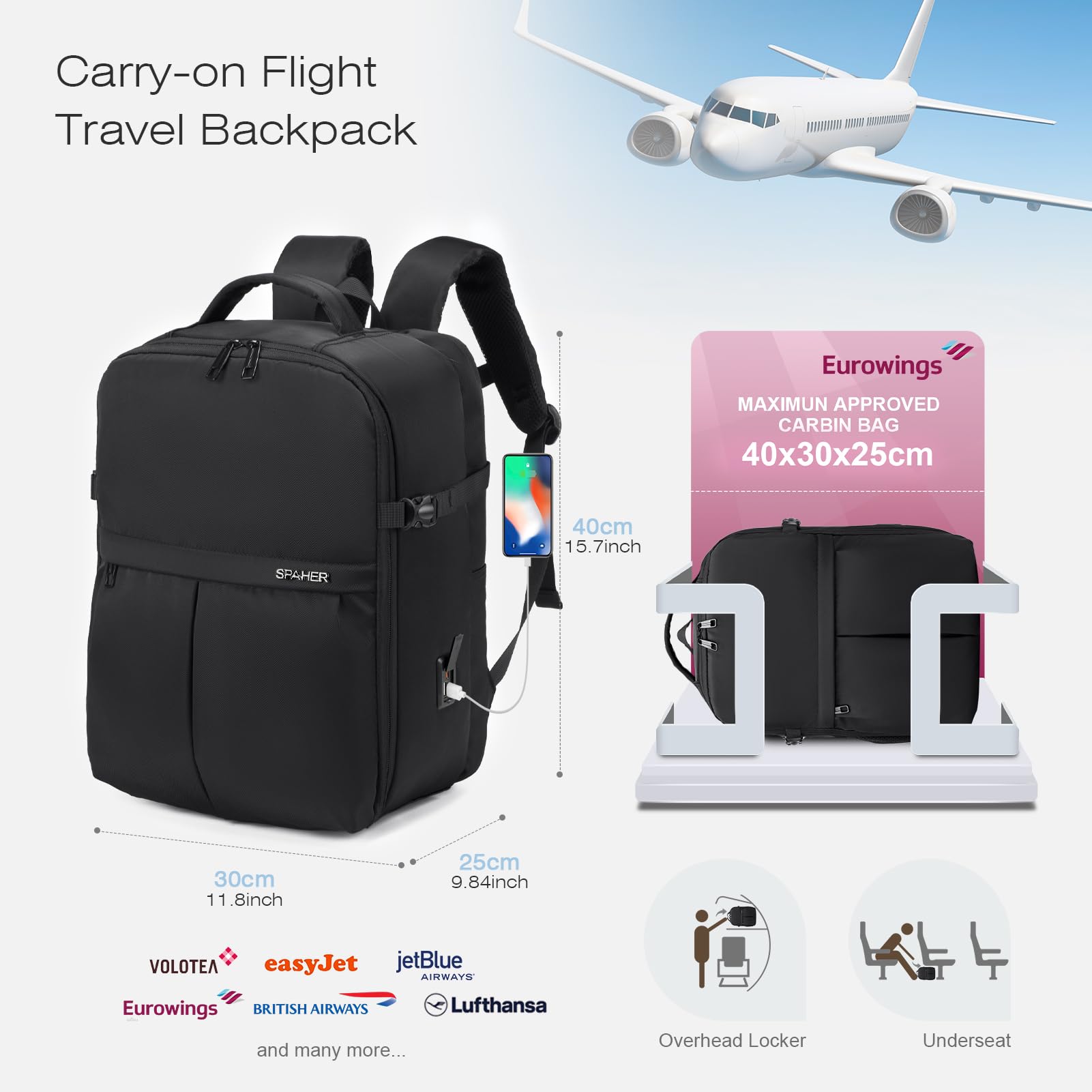 SPAHER Bagaż Podręczny 40x30x20 Ryanair Plecak Podróżny z USB, Czarny | Konstrukcja z Otworem 180°, Mokre Kieszenie, Wodoodporny Materiał, Komora na Laptopa 15,6 Cala, do Podróży, Pracy