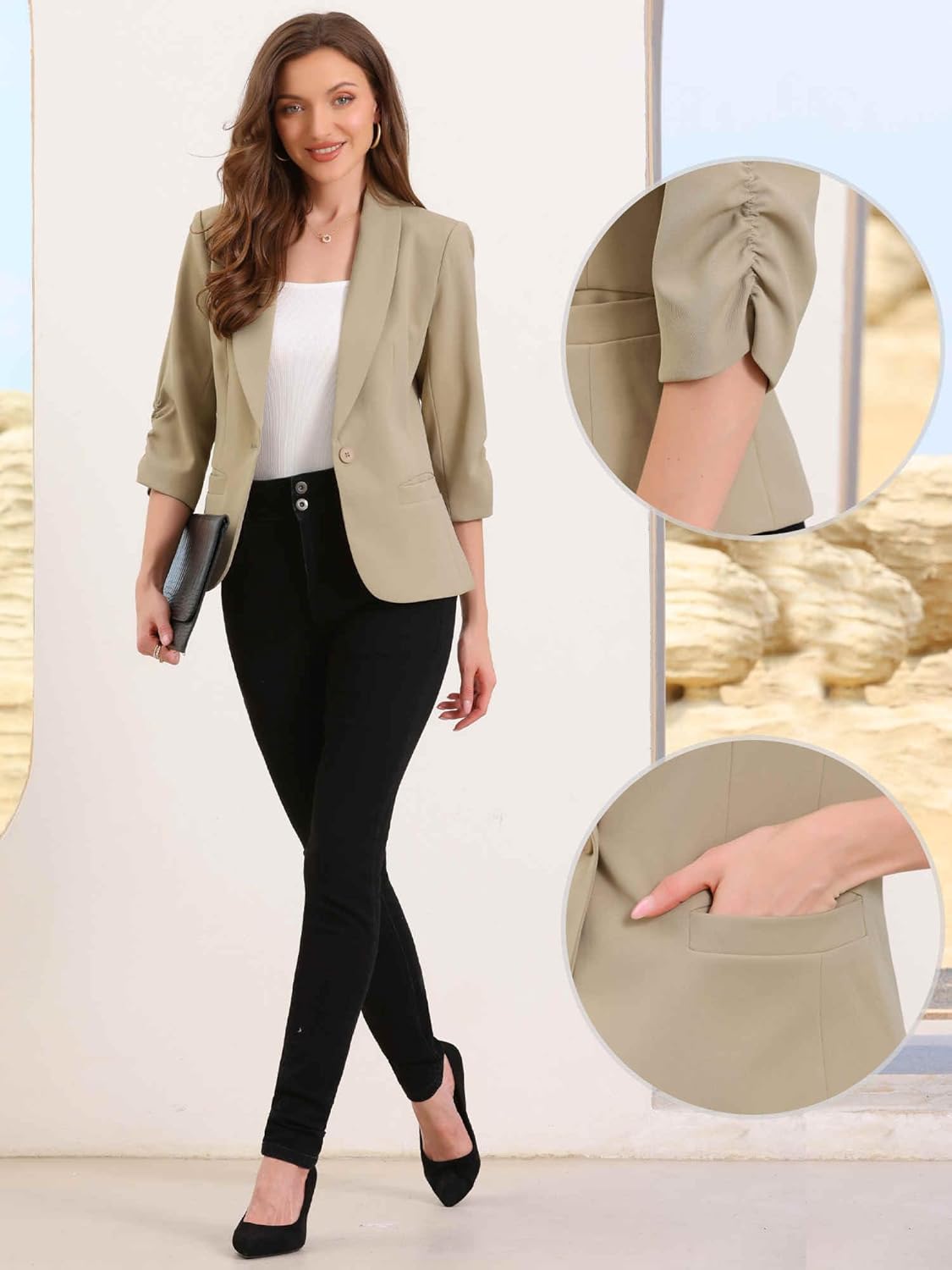 Allegra K Blazer for Women Business Casual Ruched 3/4 Sleeve Lapel Trendy Suit Jackets with Pockets - Image 2