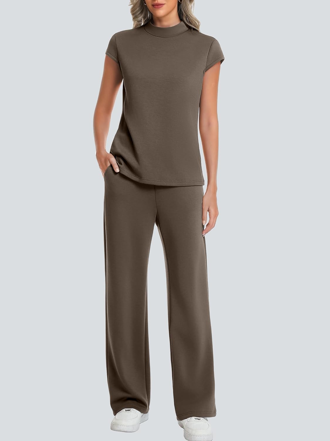 Casly Lamiit Two Piece Sets for Women 2026 Summer Travel Outfits Mock Neck Cap Sleeve Tops Lounge Set Wide Leg Pants - Image 3