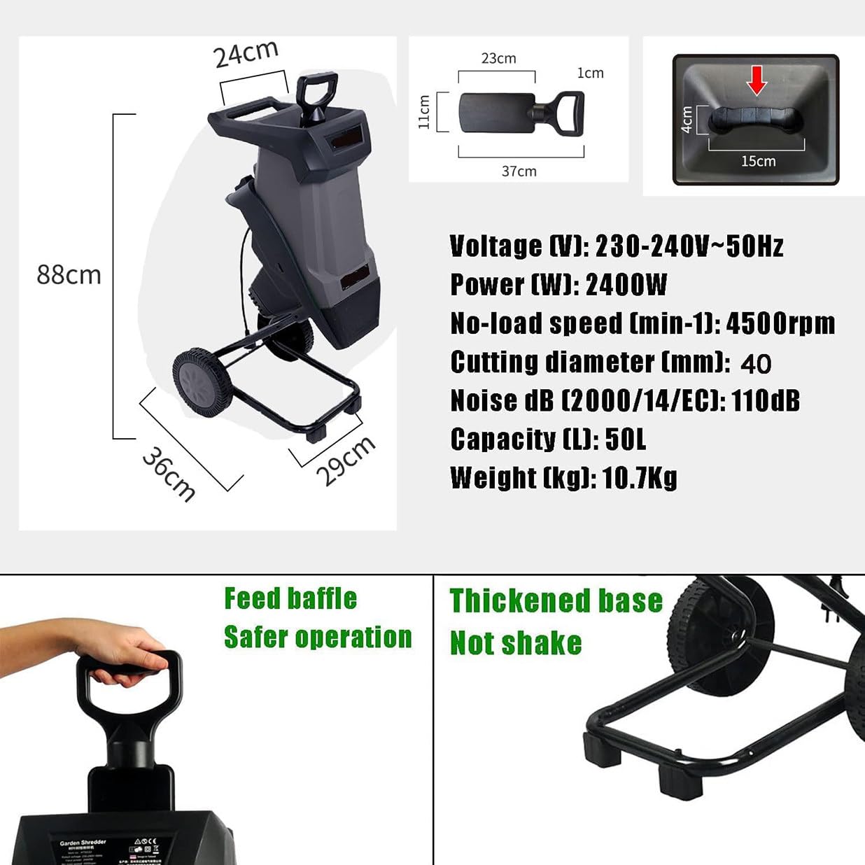 Trituradora eléctrica de madera de 2400 W, trituradora de jardín, trituradora de hasta 40 mm, con ruedas y bolsa de 50 L para ramas y hojas