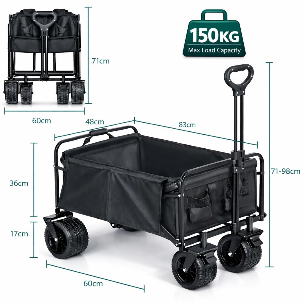 Carro de Mano Plegable con Ruedas Grandes Todoterreno | Carrito Multiusos Ideal Playa, Compra, Jardín o Camping | Carga hasta 150kg | Asa Ajustable | Auxiliar | Transporte de Herramientas o Juguetes — view 3