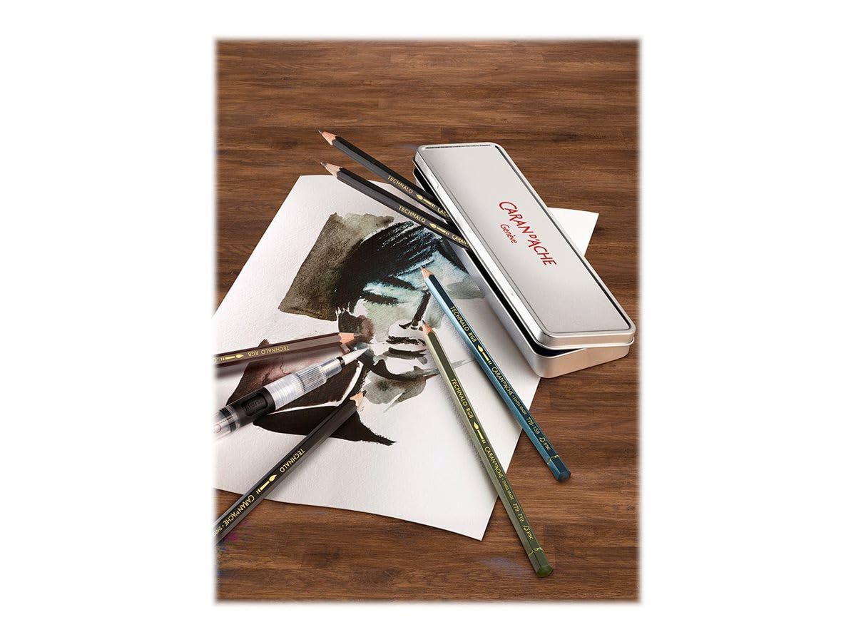 Caran d'Ache Graphitstifte Set mit Wasserpinsel - Wasservermalbar - Ideal für Vorbereitungsarbeiten, 6 Stück (1er Pack)