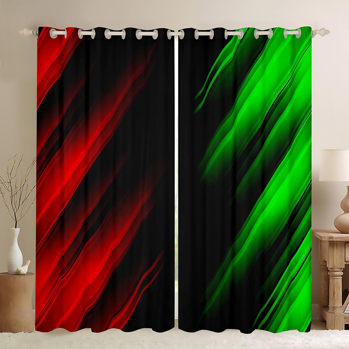 Zielone i czerwone zasłony ombre, do sypialni, salonu, dla dzieci, efekty ombre, 30%-50%, zasłony zaciemniające, geometryczne paski, zasłony okienne, sztuka abstrakcyjna, dekoracje okienne, szer. 168