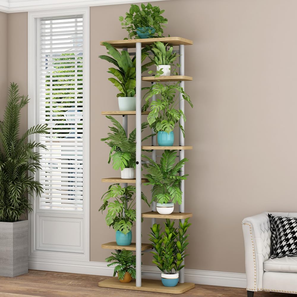 Mobile Storage Rack Freestanding Display Rack Tool Pegboard Garage,8Tier Metal & Wood Plant Stand for 9 Pots Multipurpose Flower Shelf Corner Display Rack Sturdy Oak Support for Indoor Plant