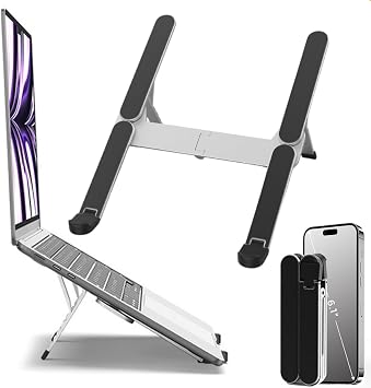 Laptop Stand for Travel, Aluminium Height-Adjustable Ventilated Notebook Stand, Foldable Portable Laptop Stand Holder, Ergonomic Laptop Riser Fits with 11-17.3'' Devices Silver