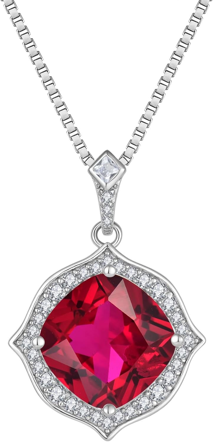 Lwsary Halo Solitaire Pendant Necklace 925 Sterling Silver Gemstone Necklace Princess Cut Birthstone Jewelry for Women