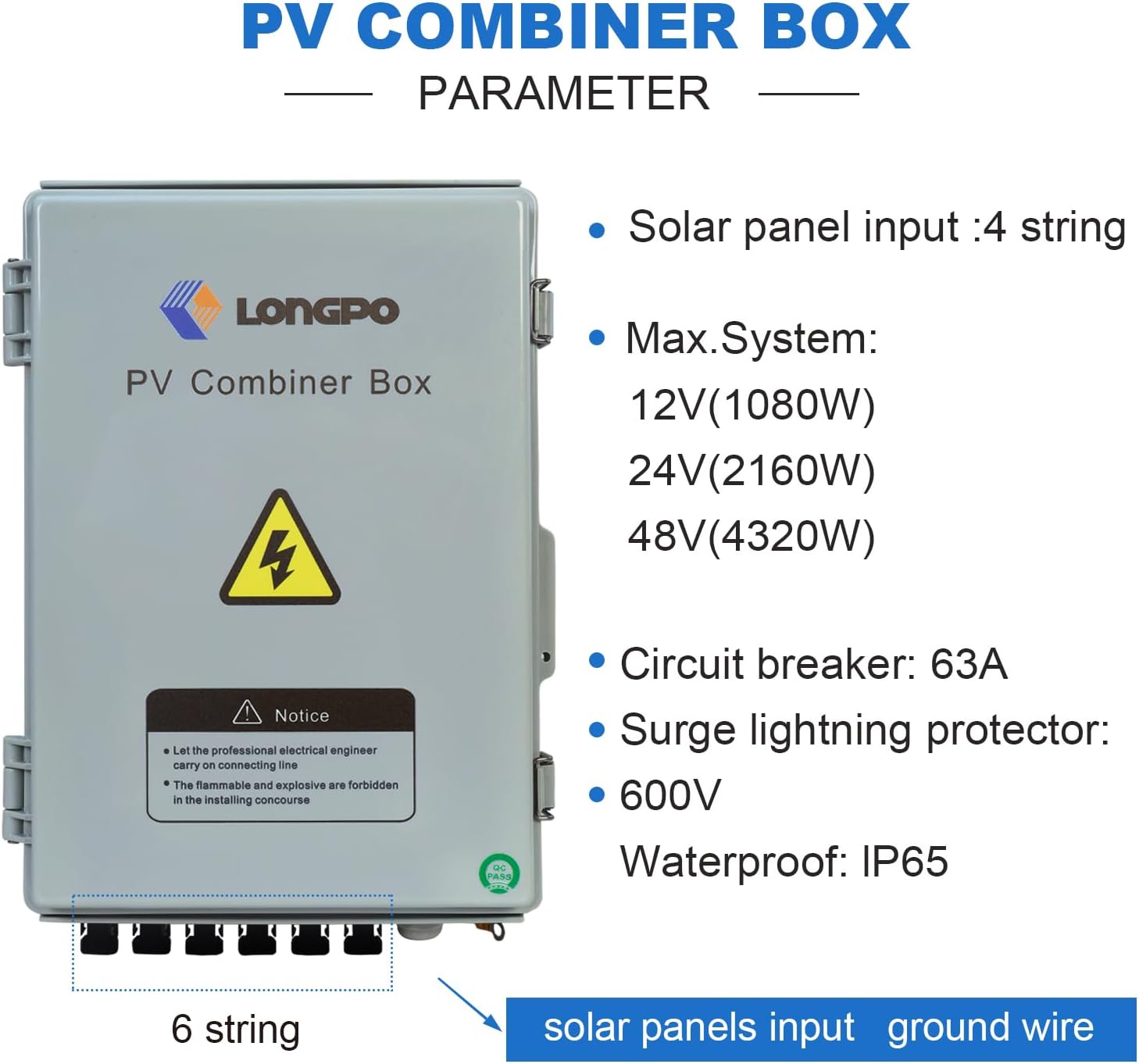 Solar 6 String PV Combiner Box with Lightning Arreste, 15A Rated Current Fuse and 2P 63A Circuit Breakers for On/Off Grid Solar Panel System (6 String PV Combiner Box)