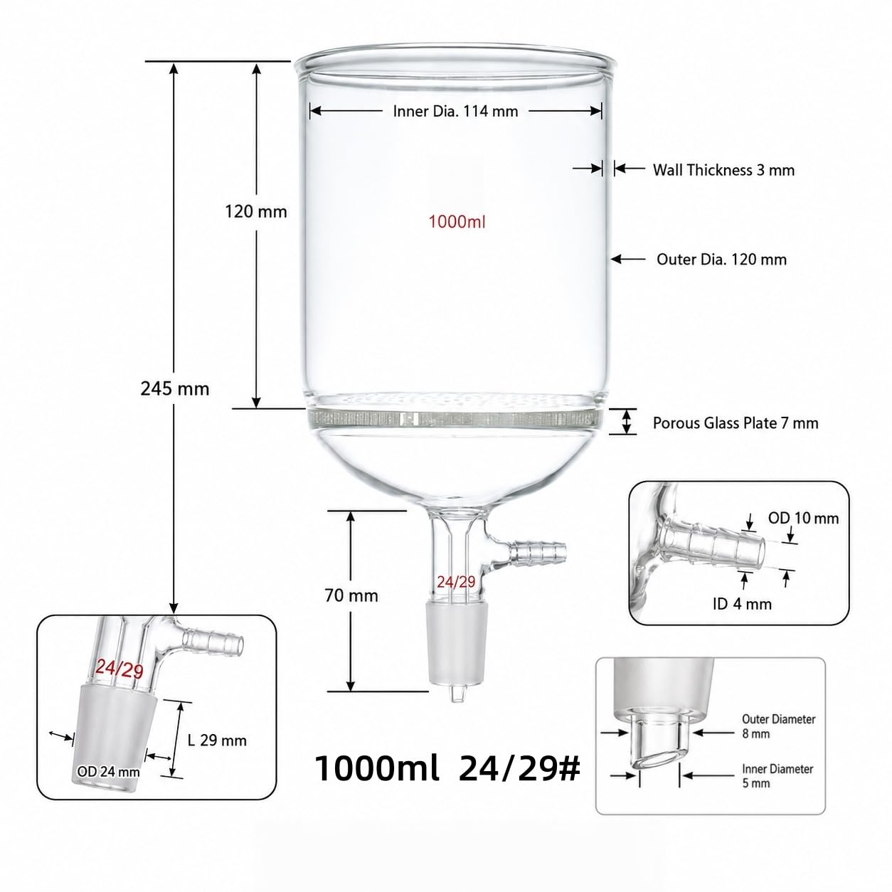 Büchnertrichter mit Poröser Glasplatte Borosilikatglas Vakuum Labor-24/29# 1000ml