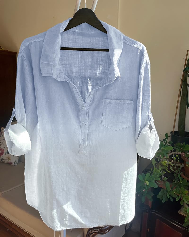 CHICME Women's Button Down Long Sleeve Shirts Casual Ombre Blouse with Pocket Summer Tops - Image 6