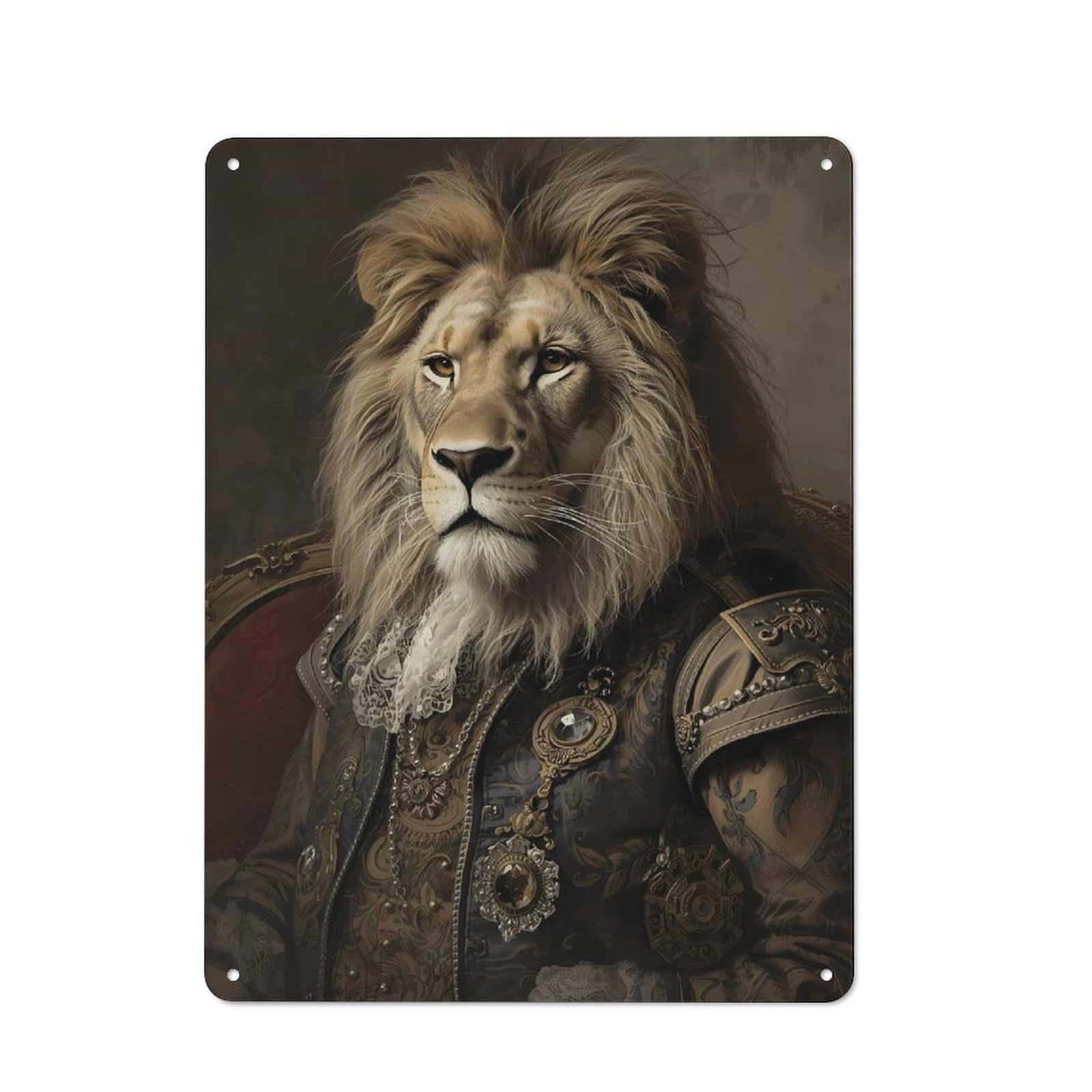 Vintage Regal Lion Portrait in Renaissance Style Metal Plaque 40x30cm, Diner Style Decor for Coffee Bar, Kitchen, Bistro Or Tea Corner