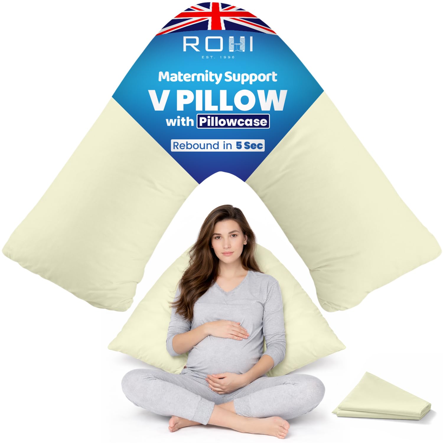 Rohi Women's Cream Orthopaedic V Pillow With Pillowcase – Anti Allergy Triangle Pillow For Nursing, Maternity & Pregnancy – Extra Hollowfibre Cushioning To Supports Neck Head & Back (Cream)