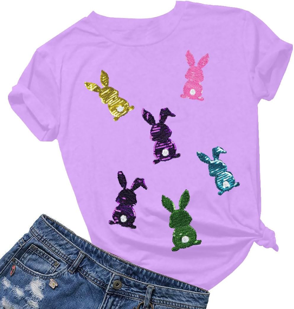 Happy Easter Shirts Women Sequin Bunny Shirt Cute Rabbit Graphic T Shirt Funny Easter Gift Short Sleeve Tee Tops