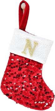 Mini Monogram Christmas Stocking with Initials, Glitter Sequins Red Velvet Small Christmas Stockings with Letter for Xmas Family Holiday Fireplace and Tree Decorations N-red
