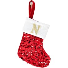 Mini Monogram Christmas Stocking with Initials, Glitter Sequins Red Velvet Small Christmas Stockings with Letter for Xmas Family Holiday Fireplace and Tree Decorations N-red