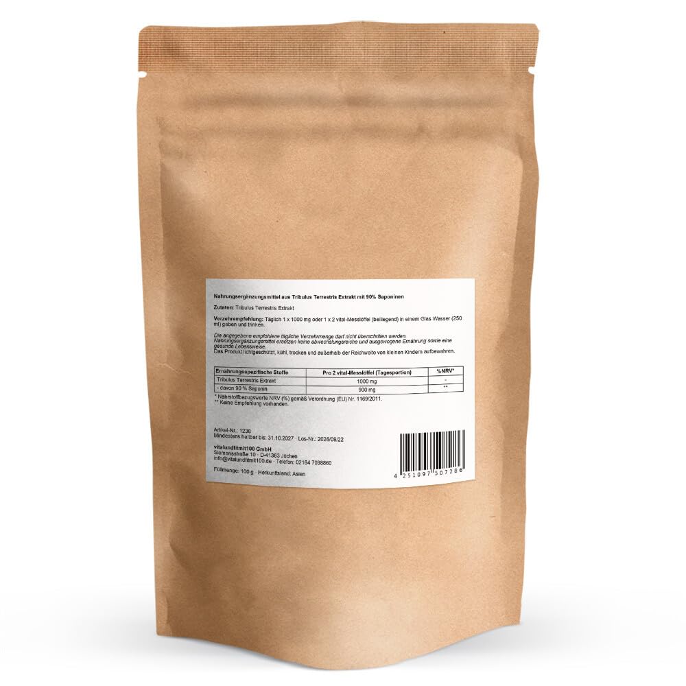 Tribulus Terrestris Extrakt Pulver - 100g - hochdosiert mit 1000 mg Tribulus Extrakt - standardisiert auf 90% Saponine - ohne unnötige Zusätze