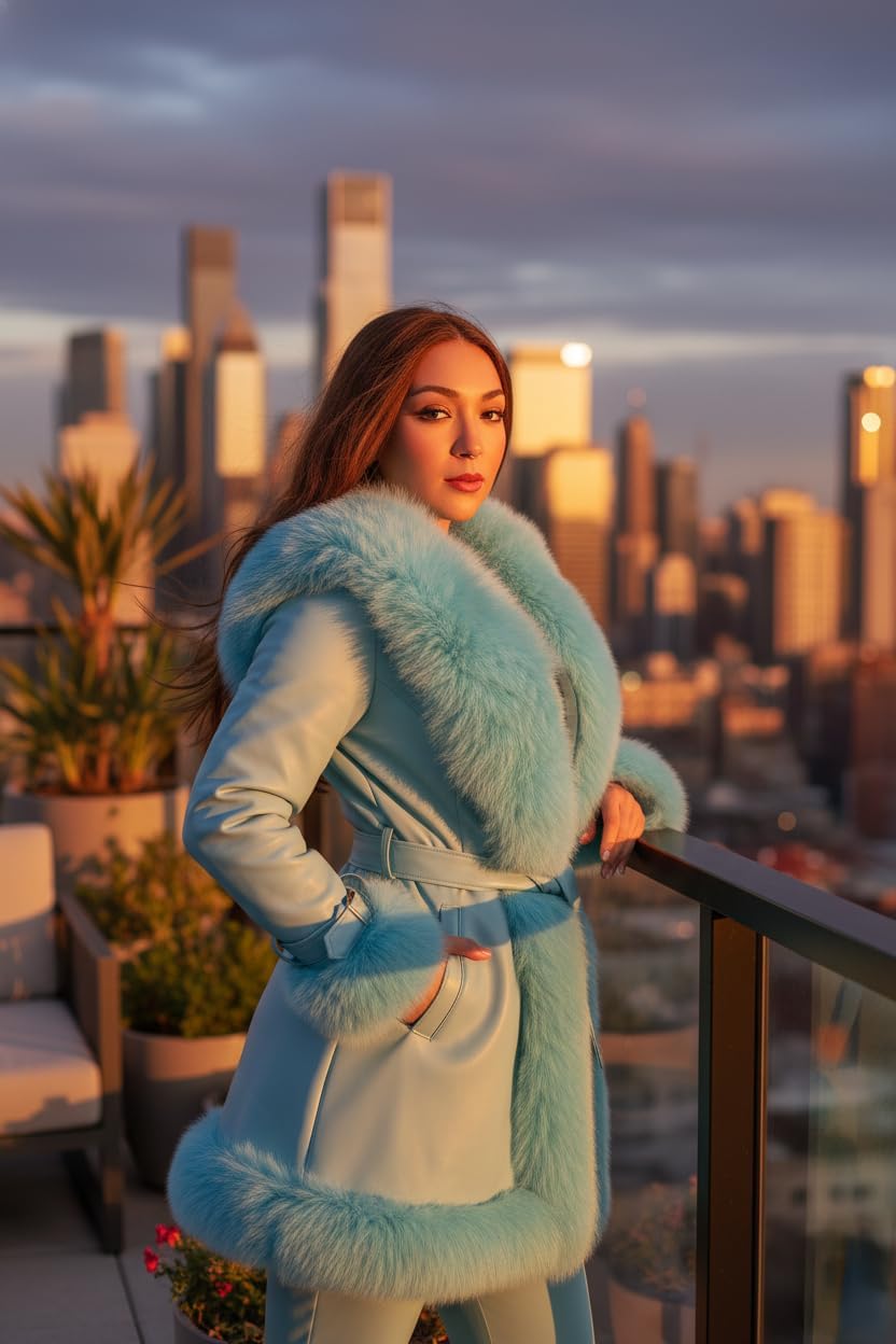 DLNYC Women’s Vegan Leather Belted A Line Winter Coat with Faux Fur Trim Hood, 3/4 Length, Luxurious Winter Fashion Outerwear - Image 5