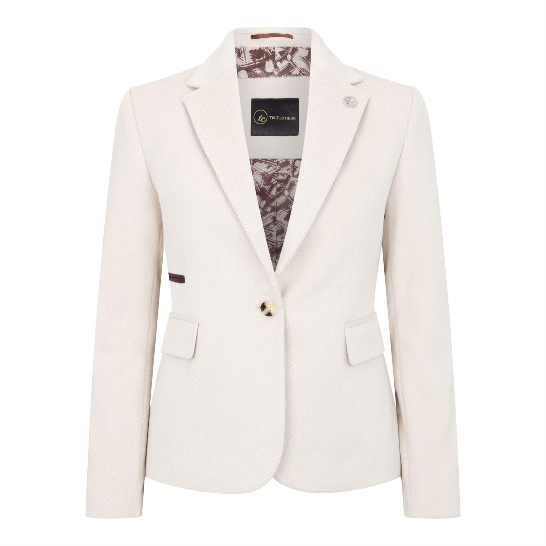 Truclothing Women's Cream-Blazer Cream Wool Blend Tweed Herringbone Blazer - Cream 8
