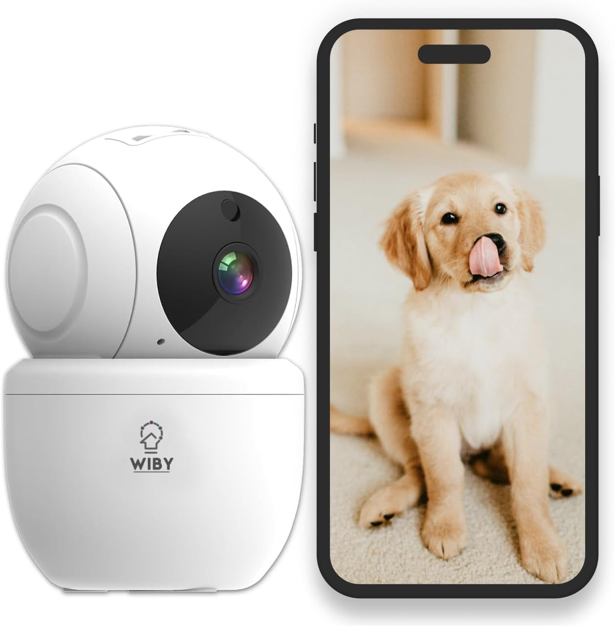 Wiby TV-268-3MP Indoor Wi-Fi Camera and smartphone displaying live feed of a puppy