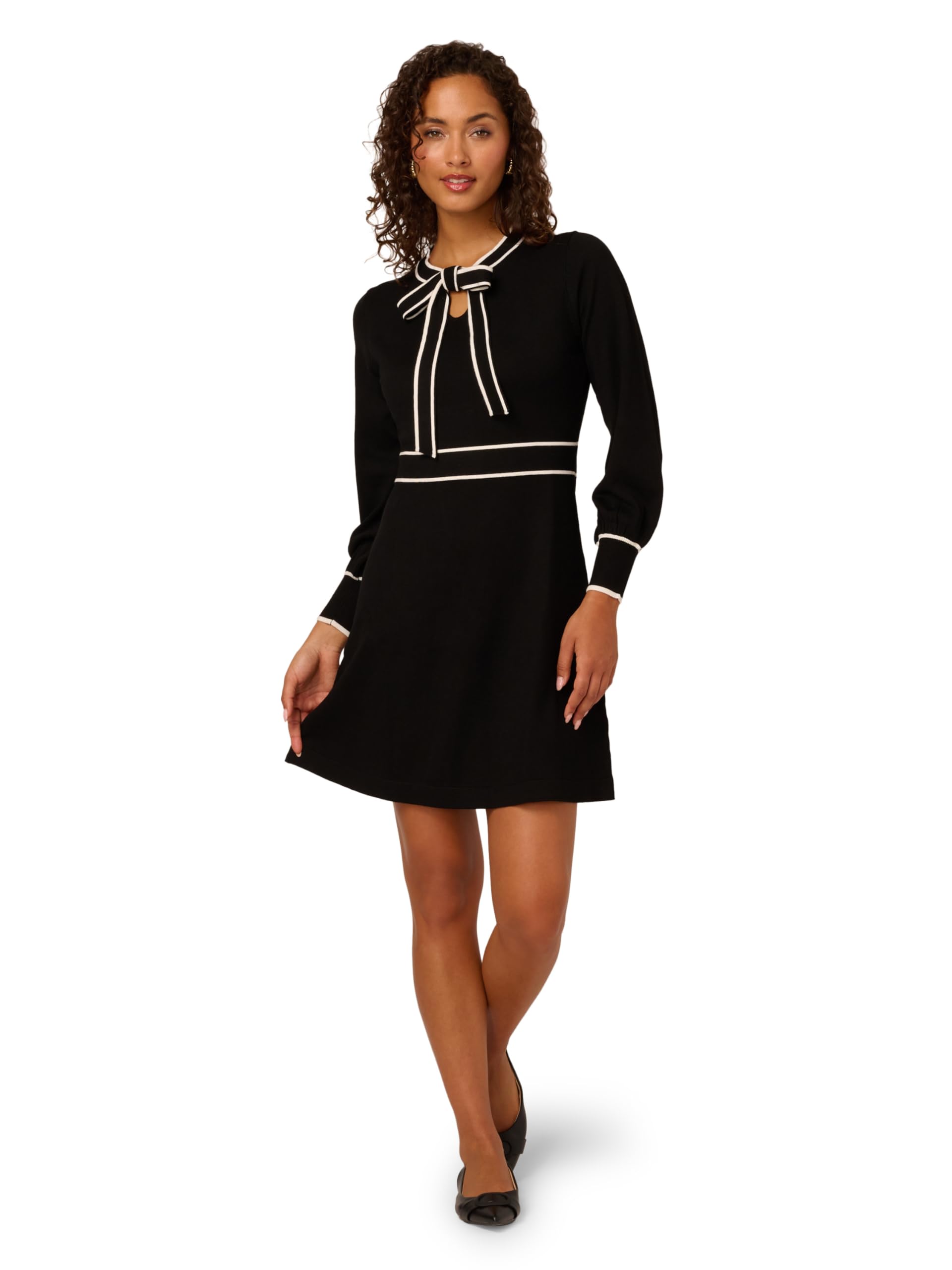 Adrianna Papell Womens Tie Neck Tipped Fit and Flare Knee Length Sweater Dress
