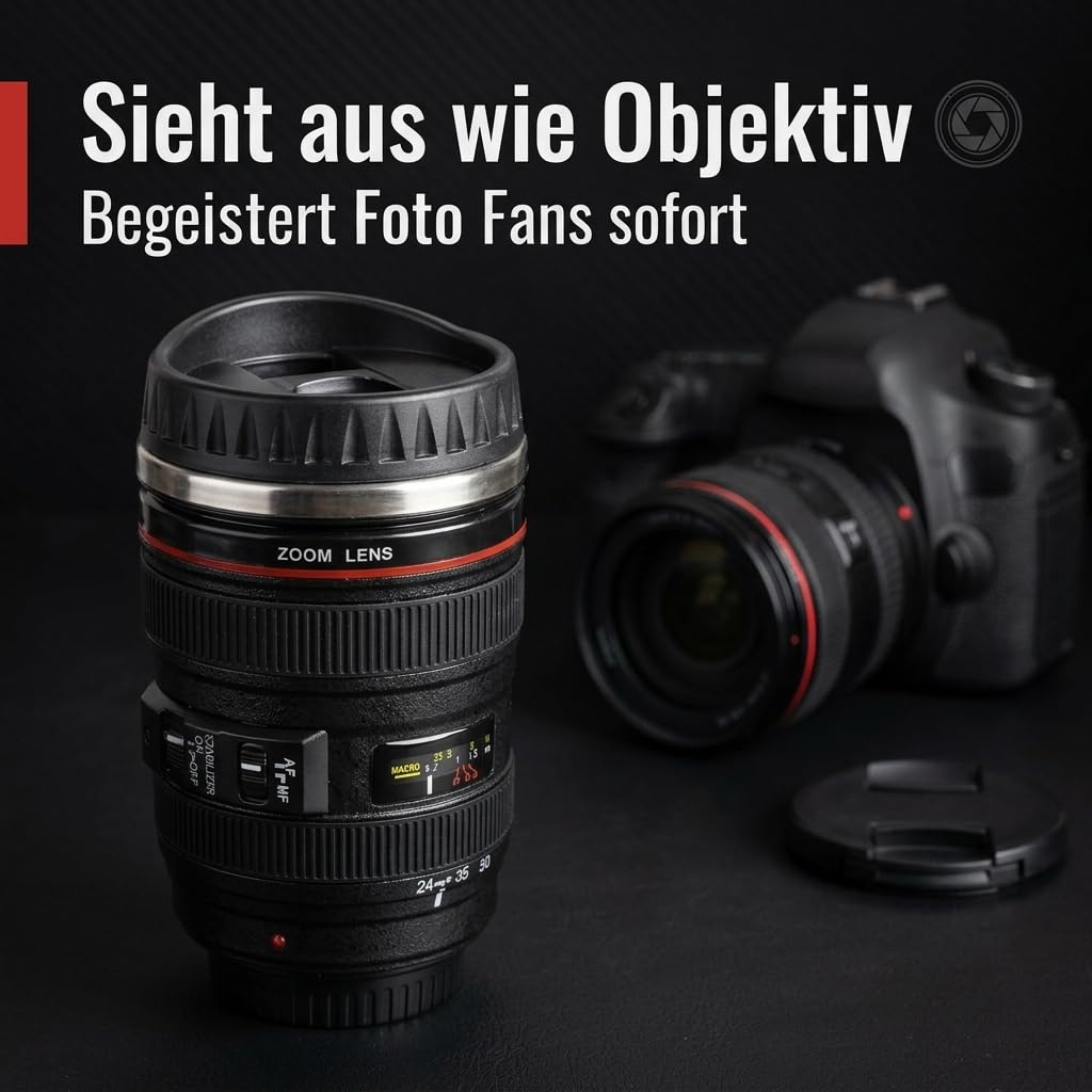 MIJOMA Kameraobjektiv Becher – Thermobecher mit Edelstahleinsatz – 350 ml – Kaffeebecher im Kamera-Design – mit Deckel & rutschfestem Griff (Packung mit 2)