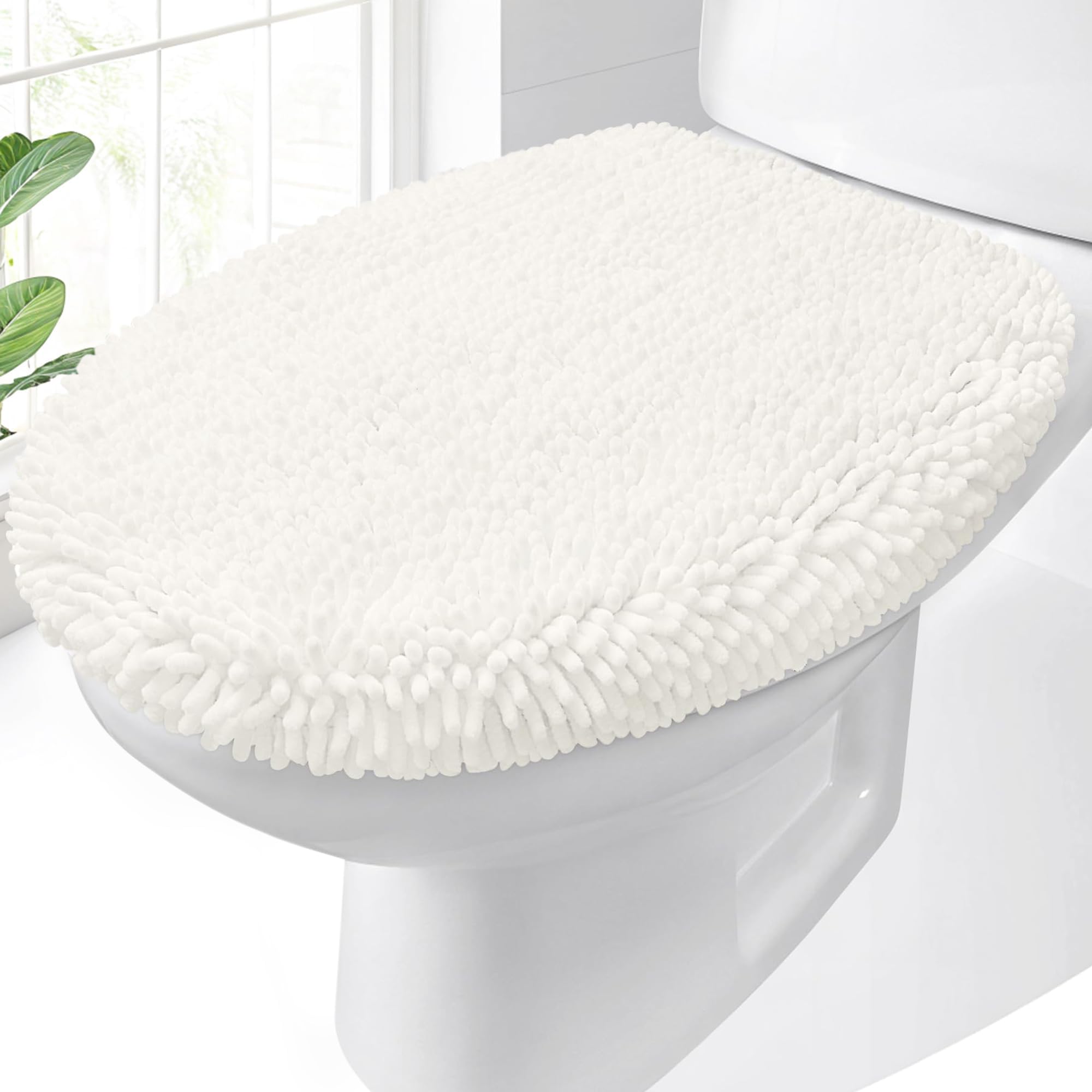 OLANLY Soft Chenille Bathroom Toilet Lid Cover, Machine Washable Seat Covers, 17.5x15, Stays in Place Rubber Backing, Fits Most Round, Elongated and
