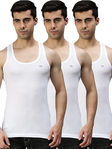 Lux Cozi Men’s White Round Neck Sleeveless Cotton Vest (Pack of 3)