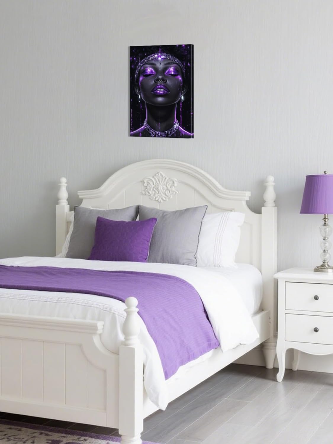 PLIDAAYO African American Woman Wall Art Purple Black Fashion Portrait Painting Modern Black Queen Canvas Print Elegant Lady Picture Framed Poster for Living Room Bedroom Decor(Por-02,16"x24")