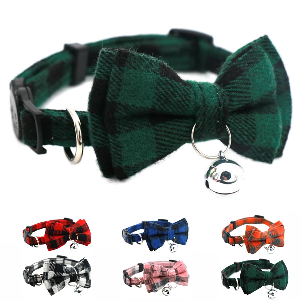 Green Plaid Bow Cat Collar with Bell, Breakaway Dog Bell Collar with Bowtie Christmas Puppy Collars for XXS Xs Small Tiny Little Pet Dogs Boy Girl
